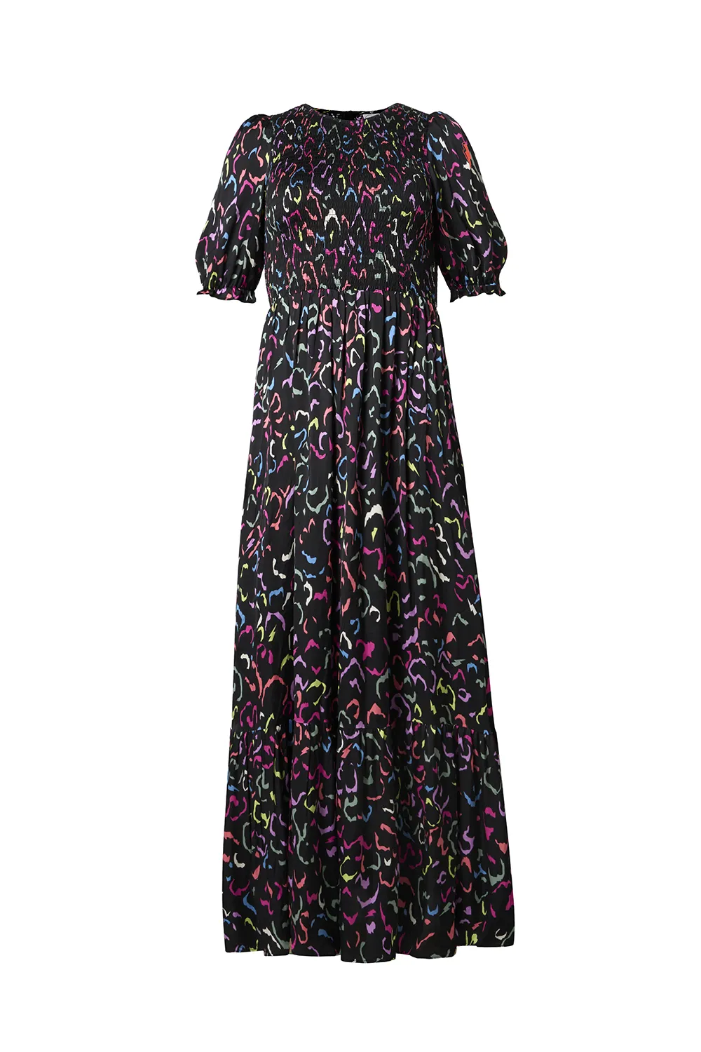 Black with Rainbow Abstract Animal Shirred Maxi Dress