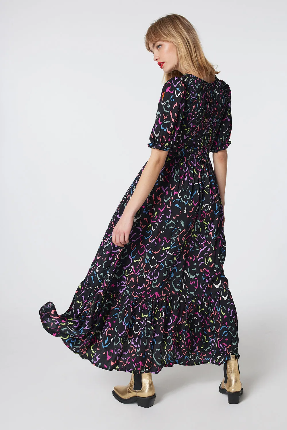Black with Rainbow Abstract Animal Shirred Maxi Dress