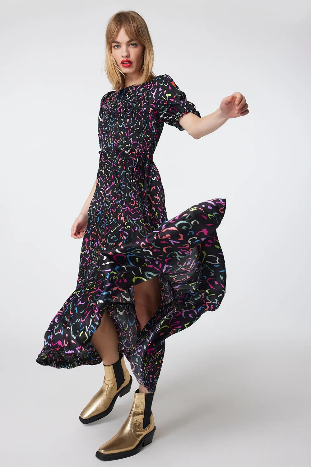 Black with Rainbow Abstract Animal Shirred Maxi Dress