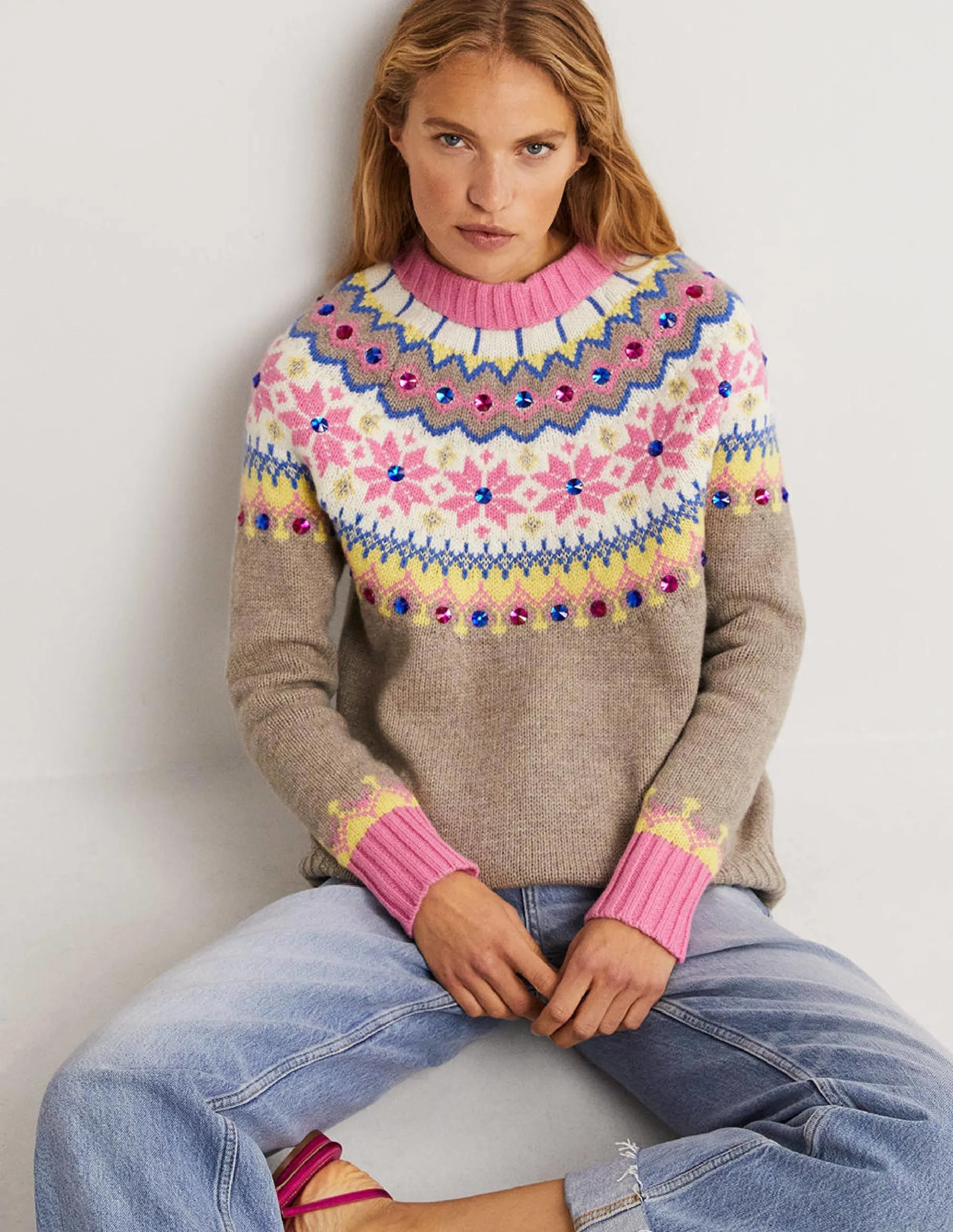 Embellished Fair Isle Jumper-Mink, Embellished Fair Isle