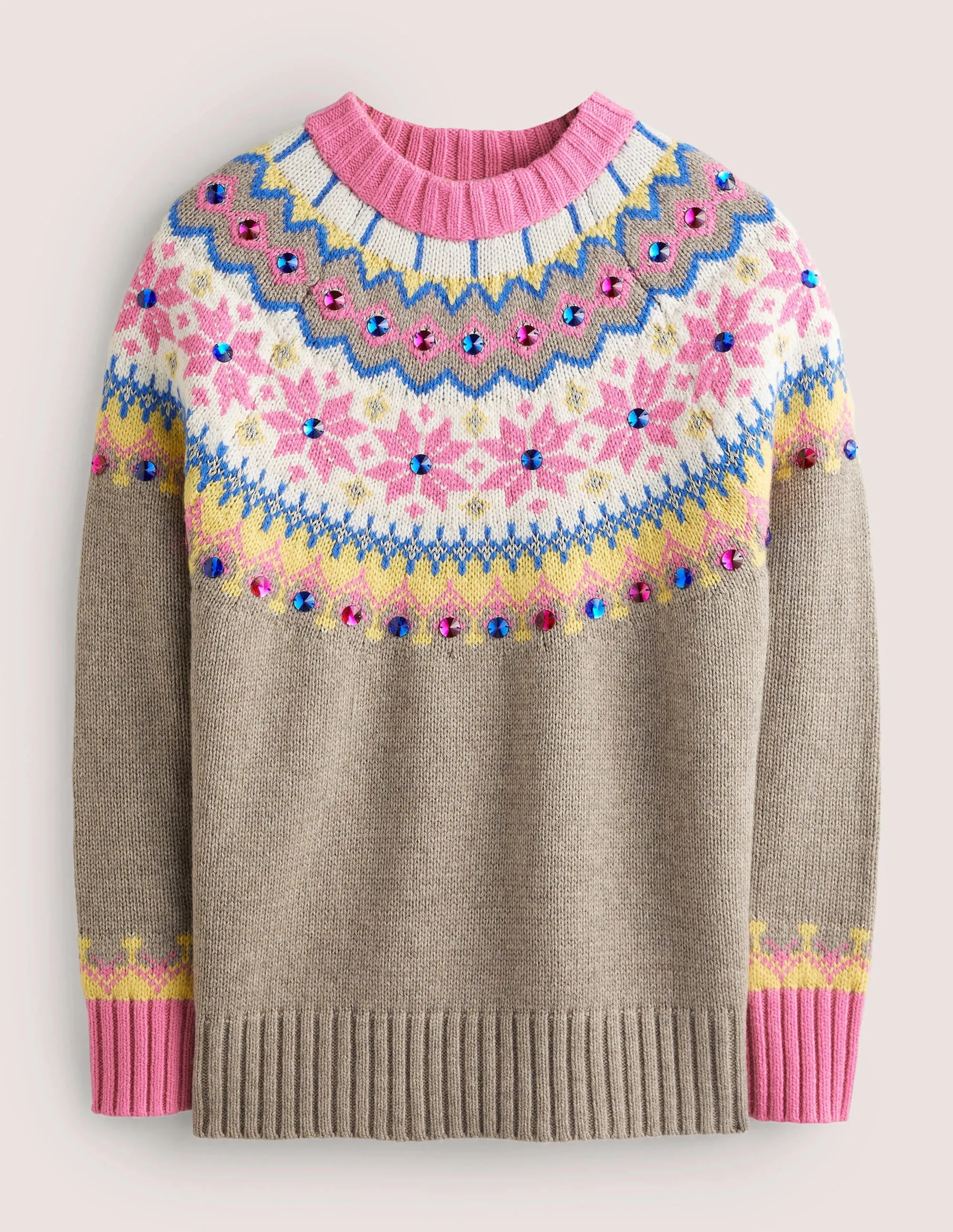 Embellished Fair Isle Jumper-Mink, Embellished Fair Isle