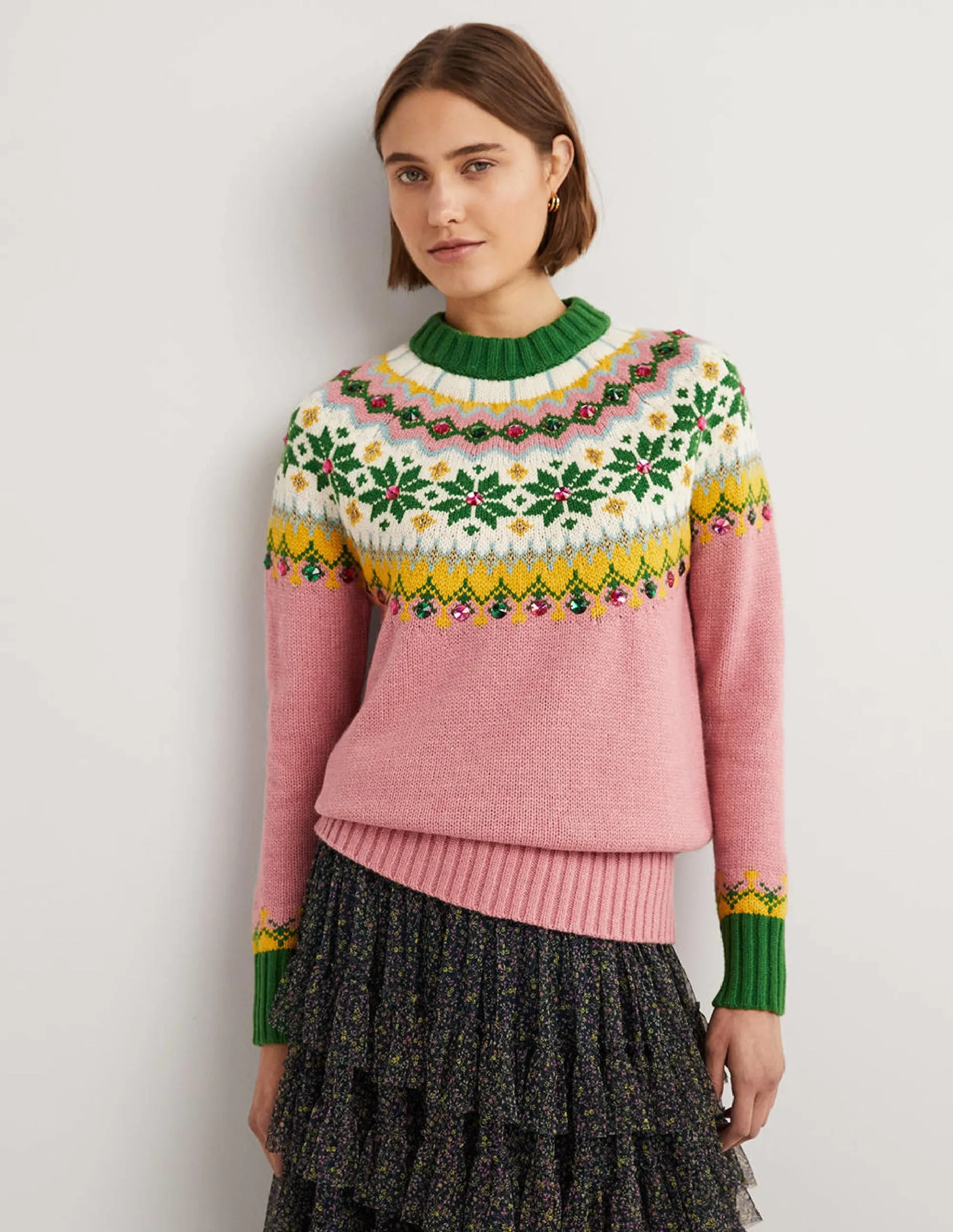 Embellished Fair Isle Jumper-Pink, Embellished Fair Isle