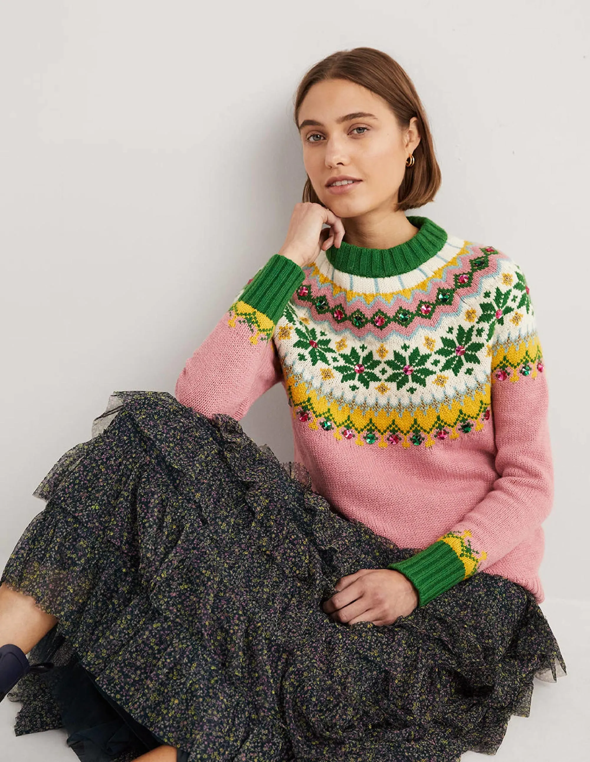 Embellished Fair Isle Jumper-Pink, Embellished Fair Isle