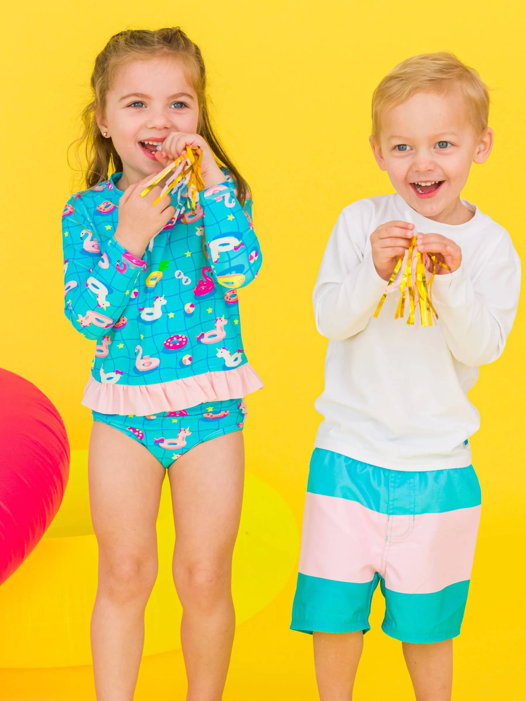 Long Sleeve Rash Guard 2-Piece Swimsuit - Neon Pool Party