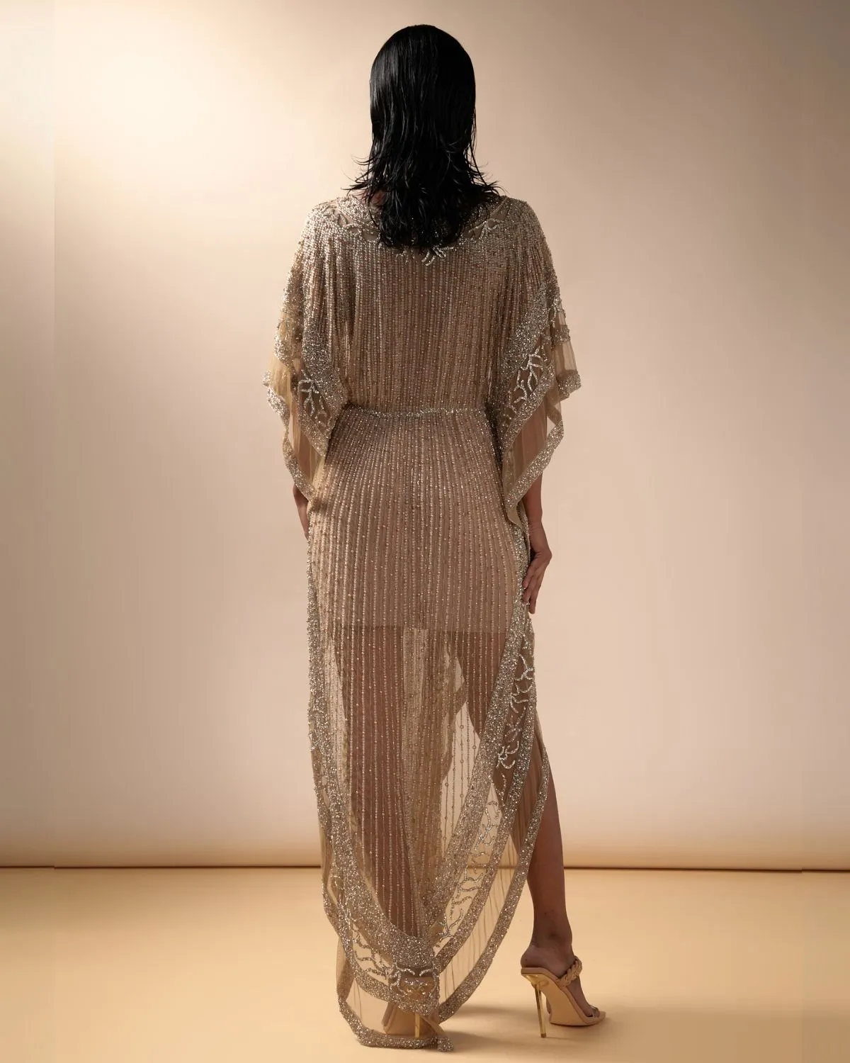 Nude Tulle Embellished Kaftan