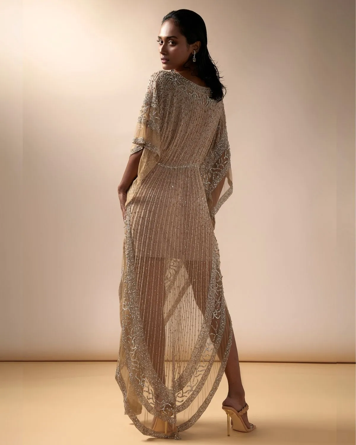 Nude Tulle Embellished Kaftan
