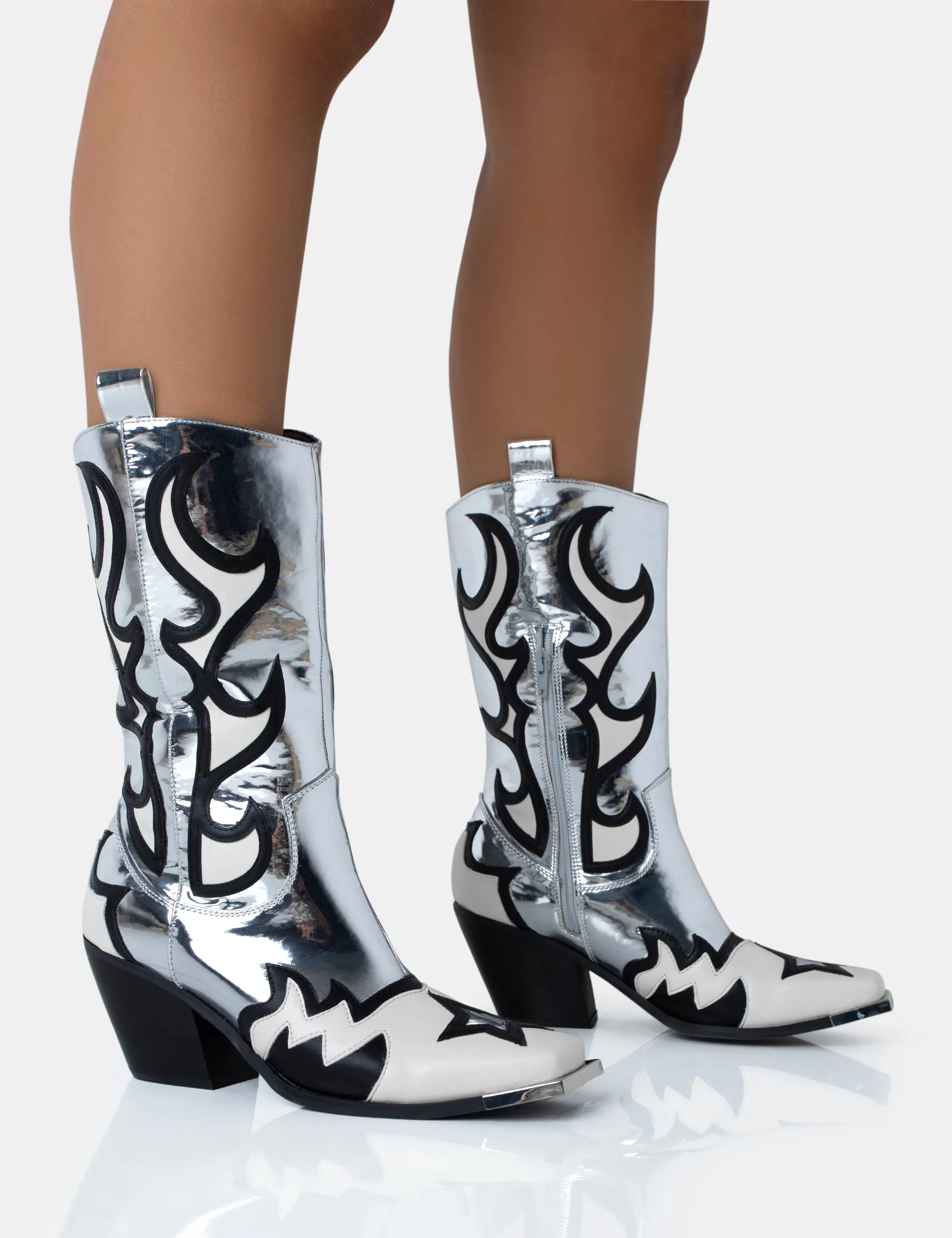 Starrie Silver Mirror Pu Metal Square Toe Heeled Cowboy Ankle Boot
