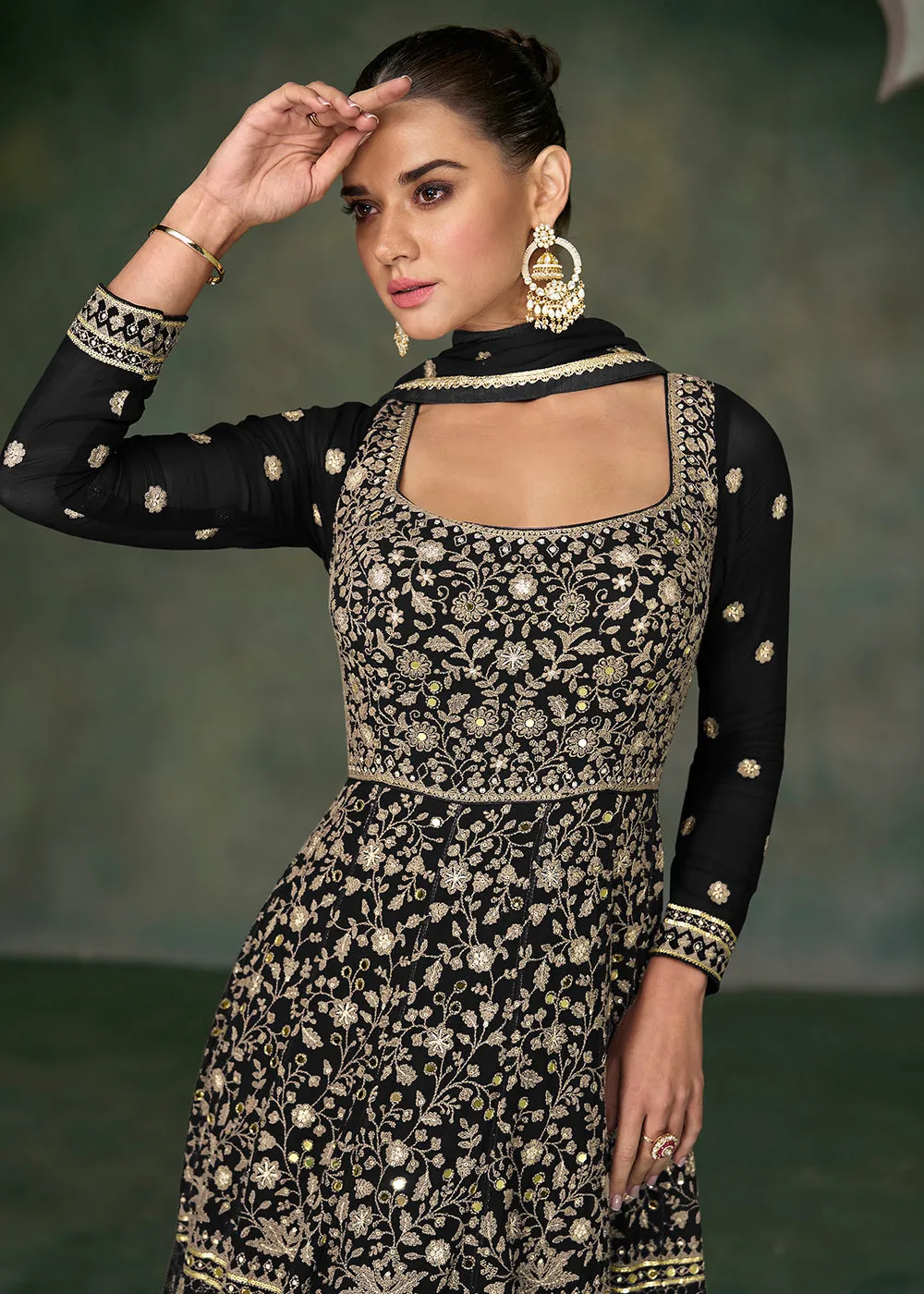 Tempting Black Georgette Embroidered Wedding Anarkali Suit